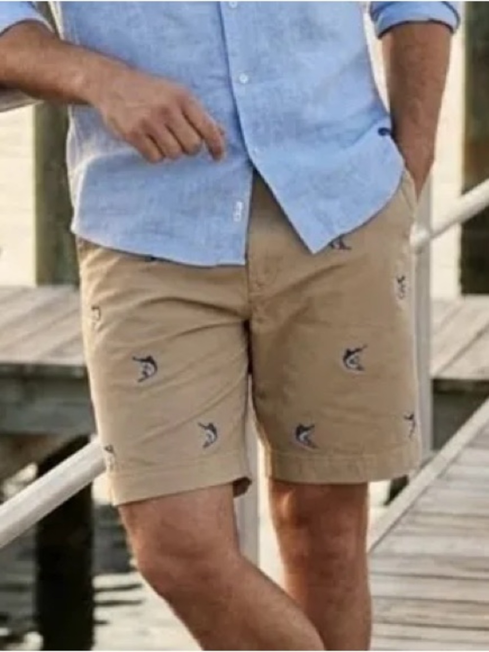 Island Republic Khaki Shorts with Blue Marlin Embroidery